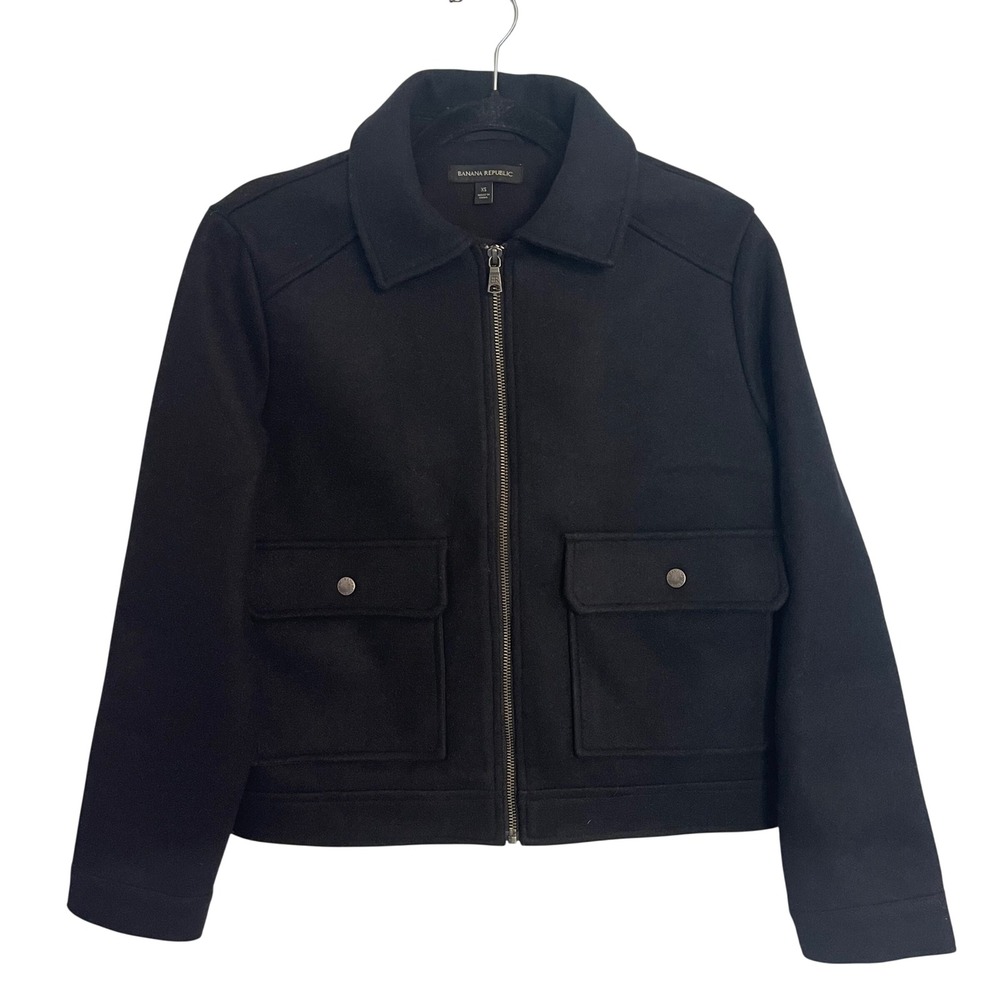 Banana Republic Womens XS Black Full Zip Utility Jacket Felted Flap Pockets